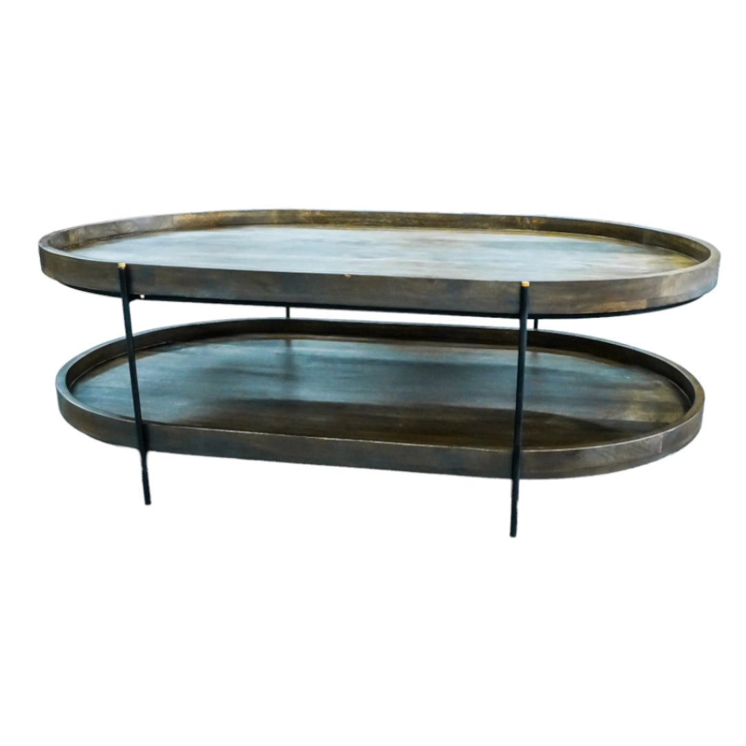 Two-tiered metal coffee table on a white background