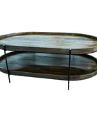 Two-tiered metal coffee table with a rustic finish on a white background