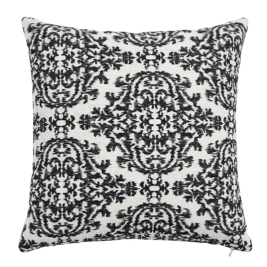 Decorative pillow with black paisley pattern on a white background