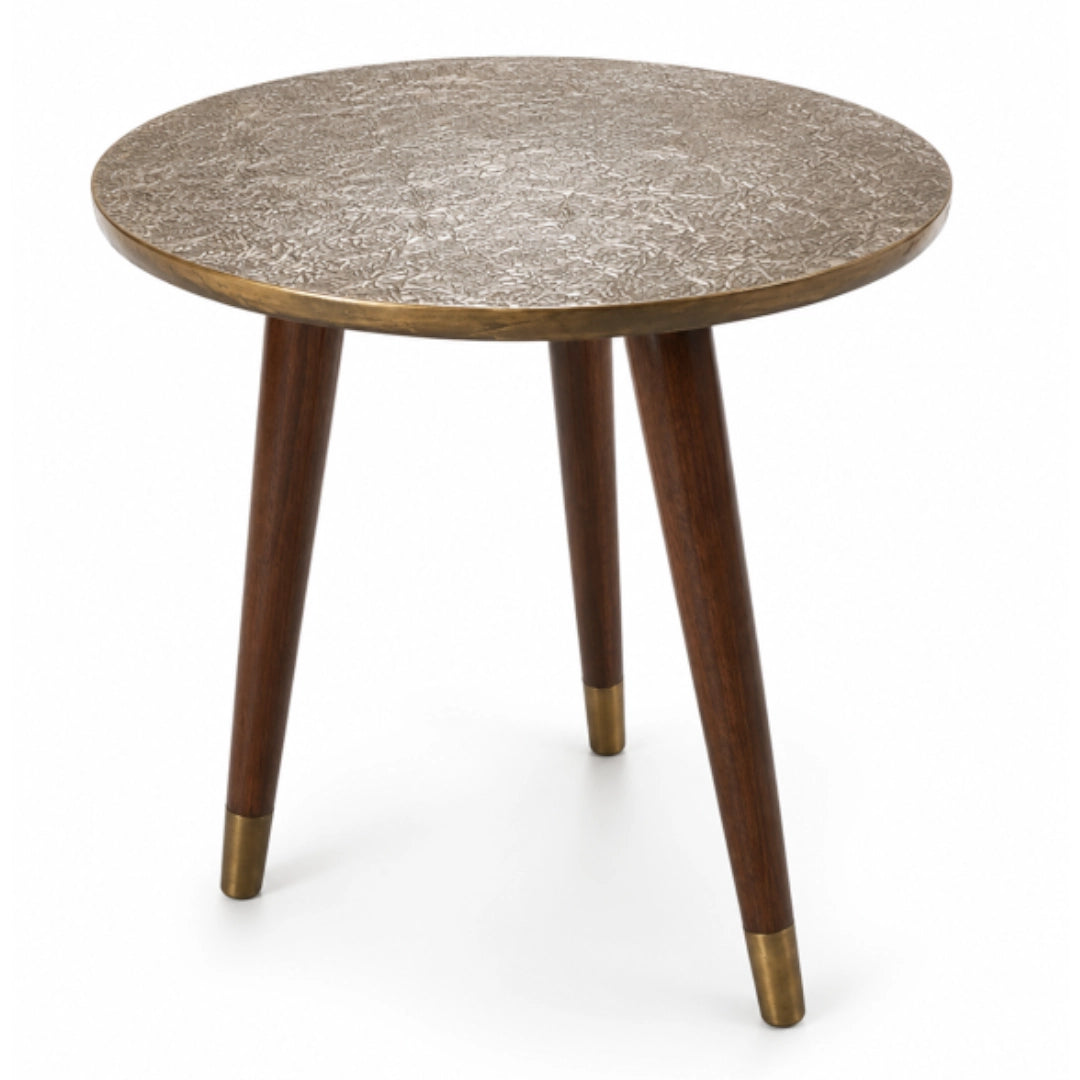 Round side table with textured top and wooden legs on a white background