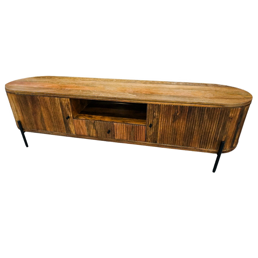Wooden TV stand with a white background