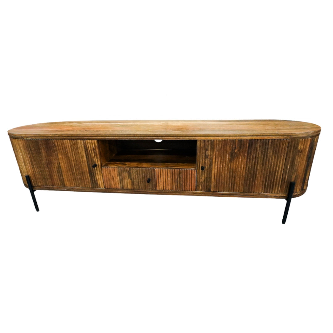 Wooden TV stand with a rustic design on a white background