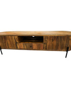 Wooden TV stand with a rustic design on a white background