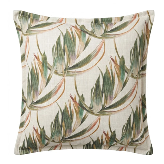 A scatter cushion with olive branch patterns on a white background