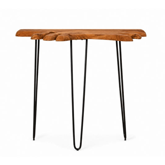 A wooden console table with metal legs on a white background