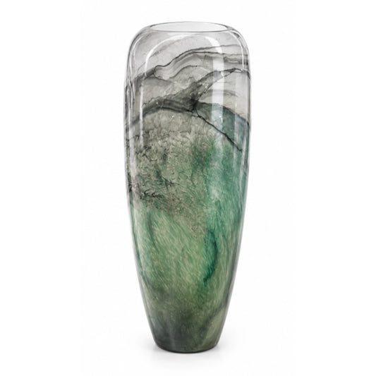 A green and grey patterned vase on a white background