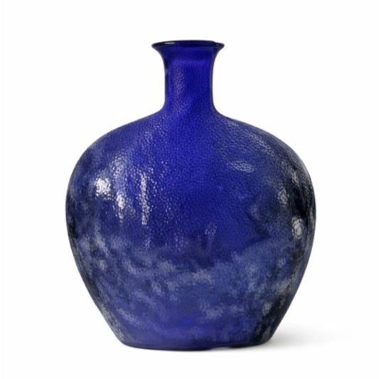 A cobalt blue textured glass vase with a short neck and rounded body, shown on a plain white background.