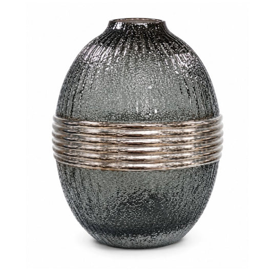A grey and silver glass vase on a white background