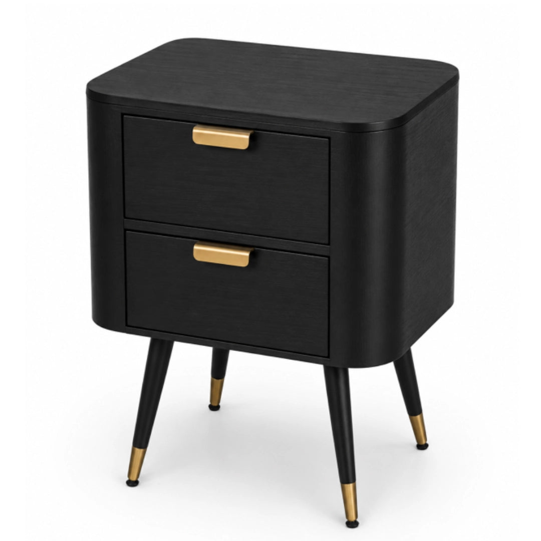 A Black side table on a metal stand on a white backgroung