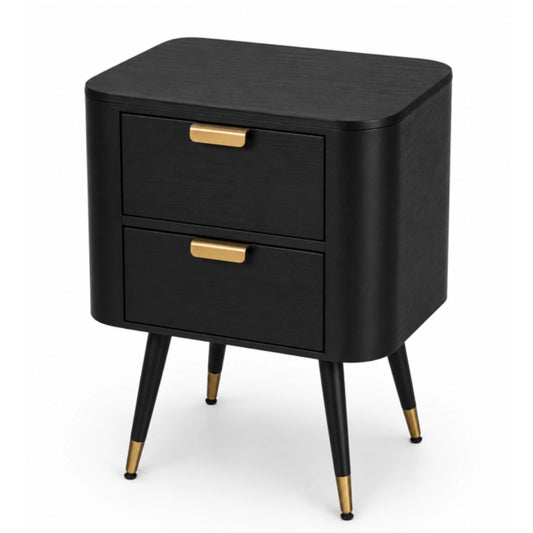 A Black side table on a metal stand on a white backgroung
