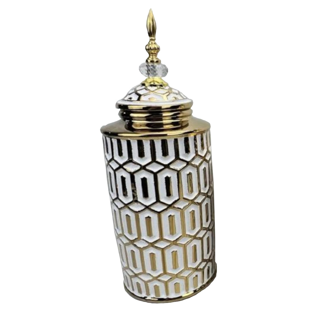 Decorative jar with geometric pattern and gold accents on a white background