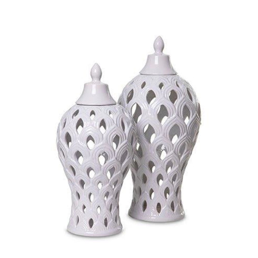 Two white Ginger Jars with intricate lattice designs on a white background