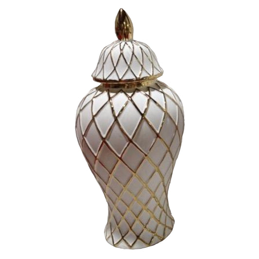 Decorative Jar with lattice design and gold accents on a white background