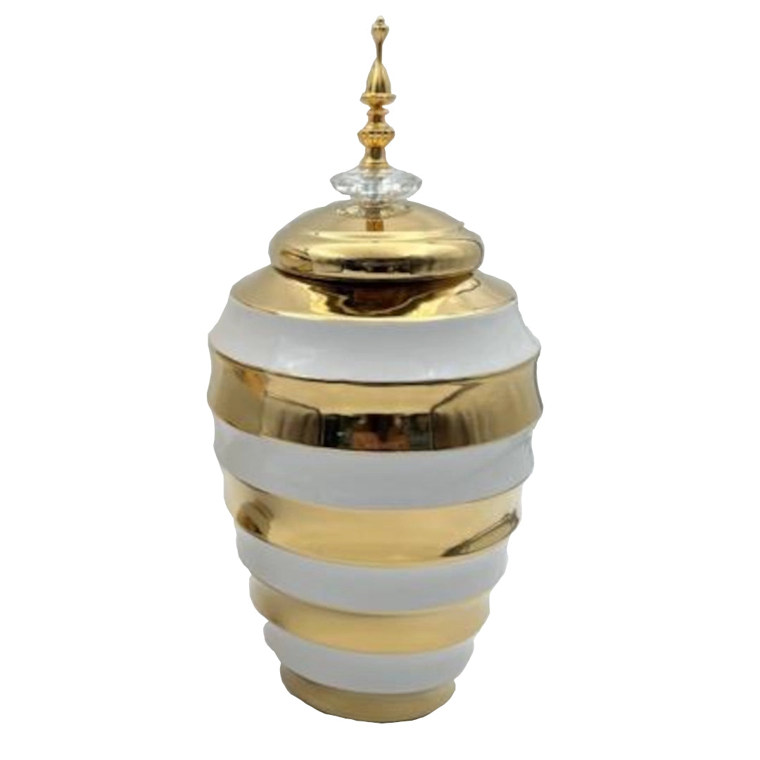 Decorative Jar with gold and white striped design on a white background