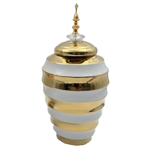 Decorative Jar with gold and white striped design on a white background
