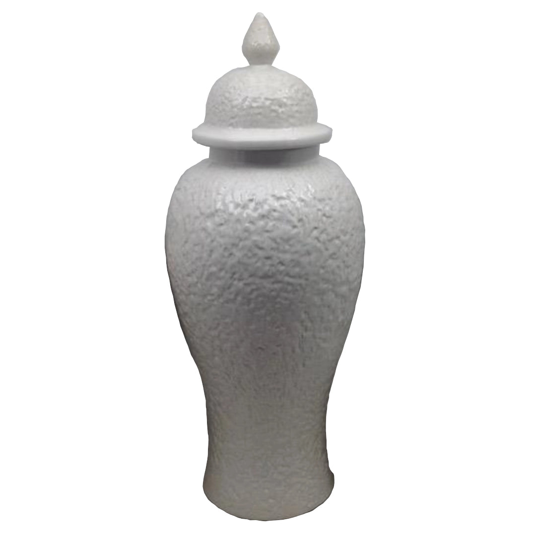 White textured Ginger Jar with a lid on a white background