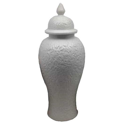 White textured Ginger Jar with a lid on a white background