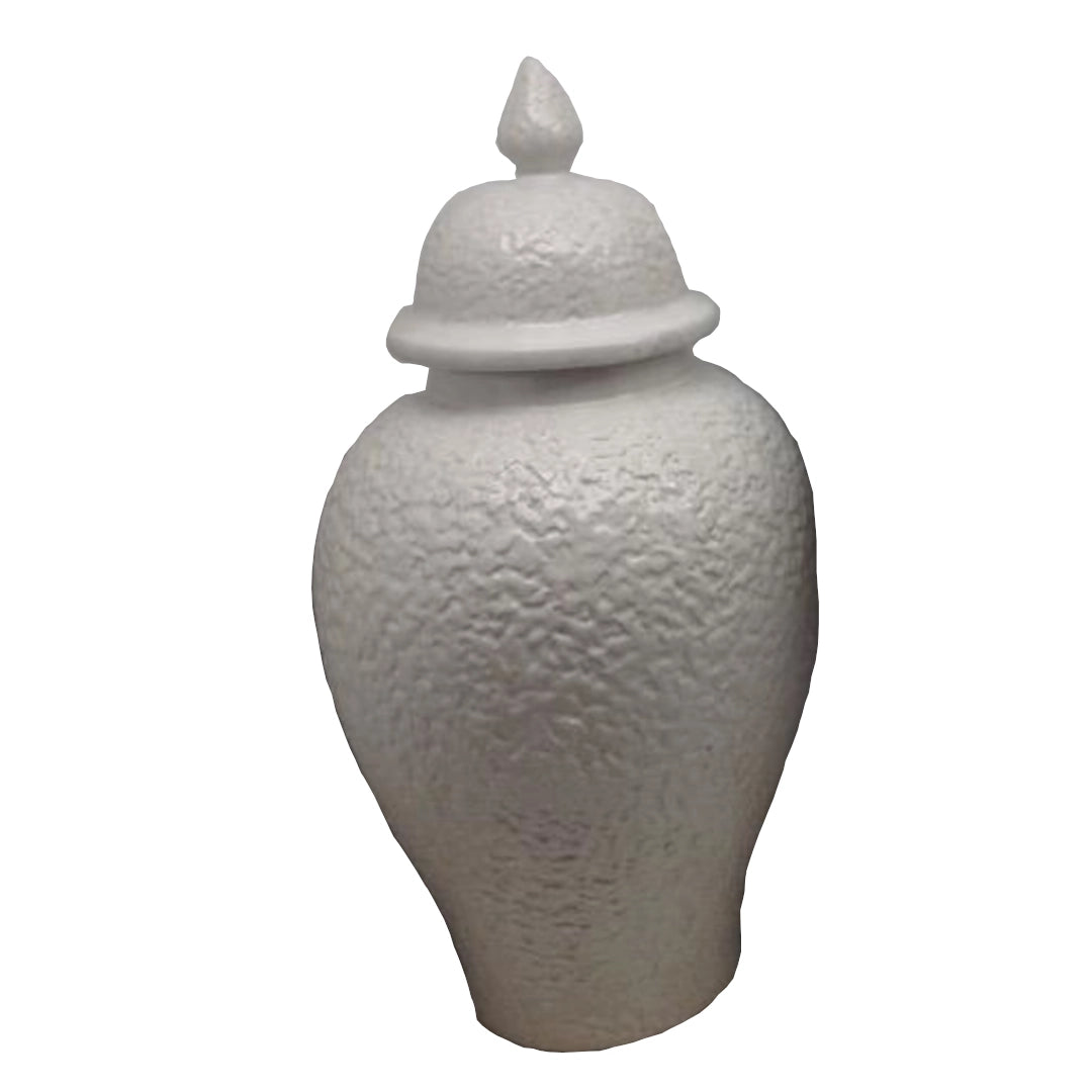 White textured Ginger jar with lid on a white background