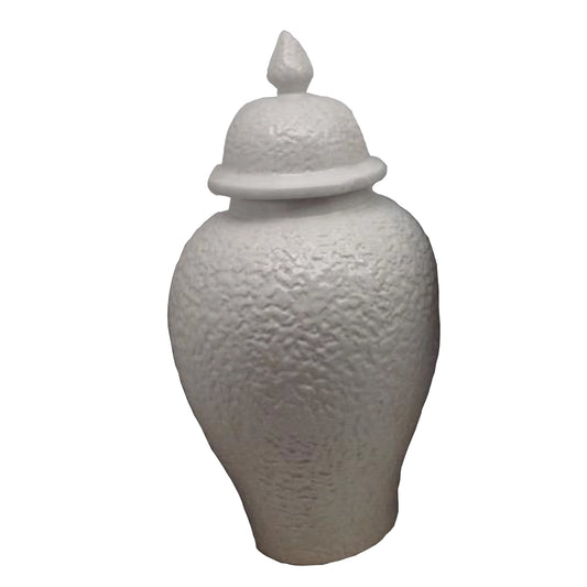 White textured Ginger jar with lid on a white background