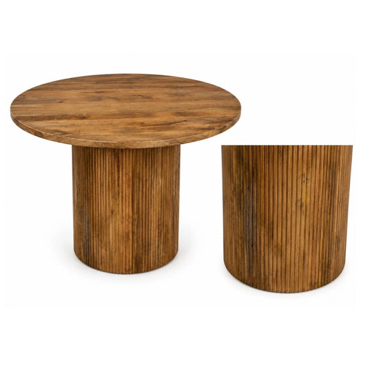 A Round wooden dining table on a white background