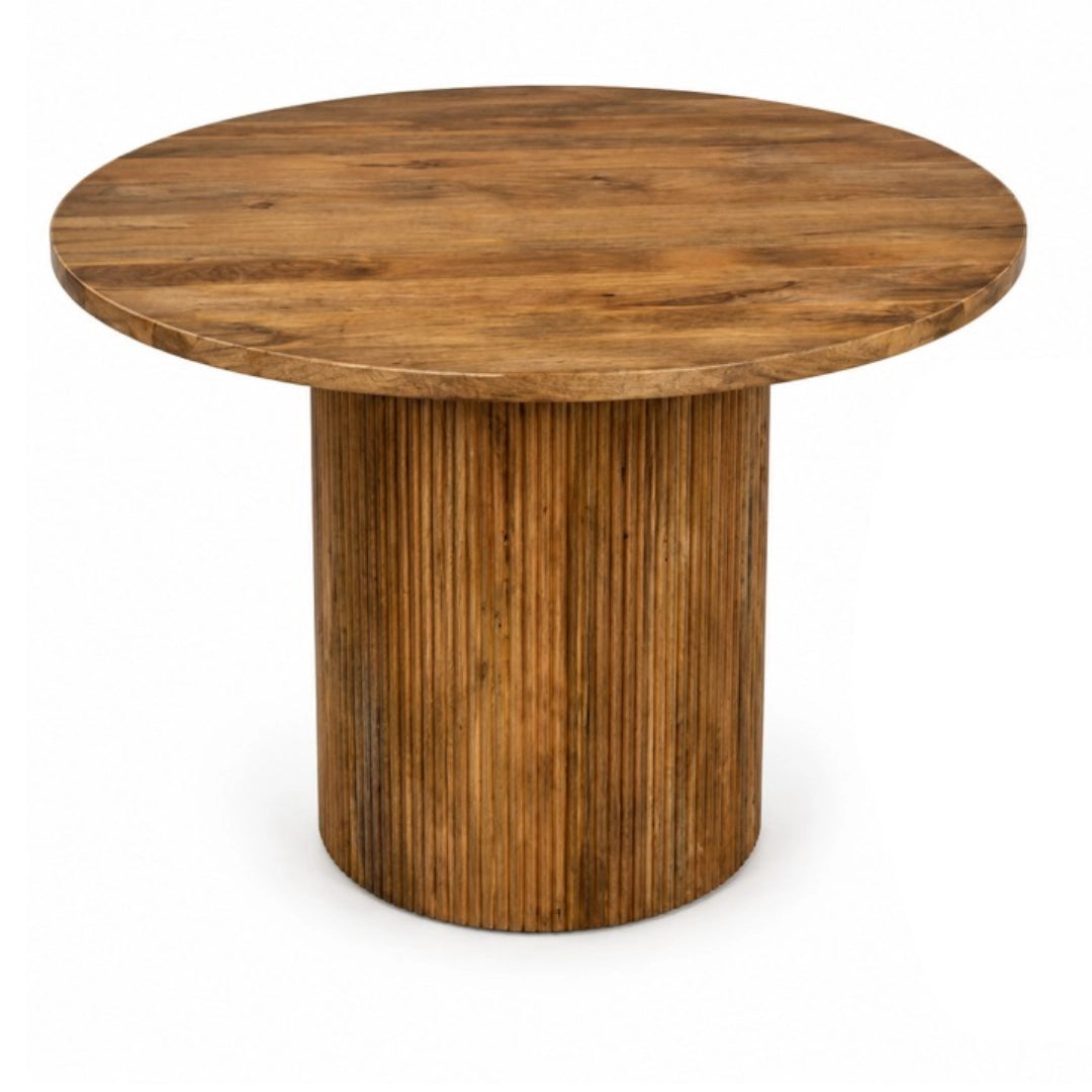 A Round wooden dining table on a white background