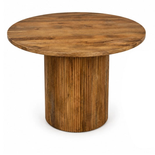 A Round wooden dining table on a white background
