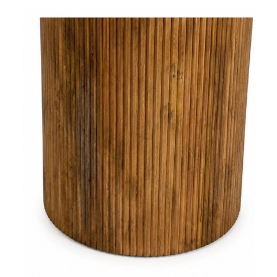 A Round wooden dining table on a white background