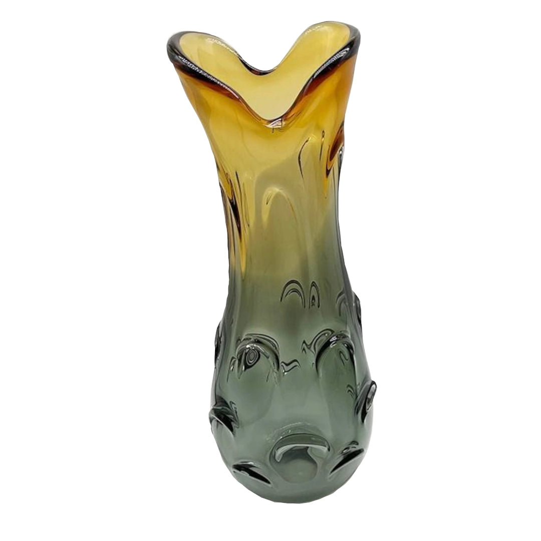 Glass vase with a gradient color from yellow to green on a white background
