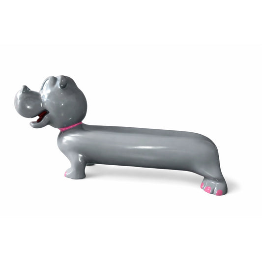 A gray hippo-shaped bench with a glossy finish, featuring pink accents on its collar and feet, set against a plain white background.