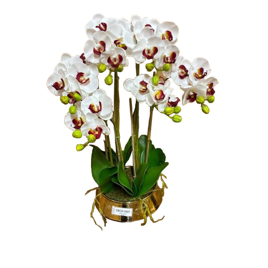 A White plastic Orchid in a gold pot on a white background