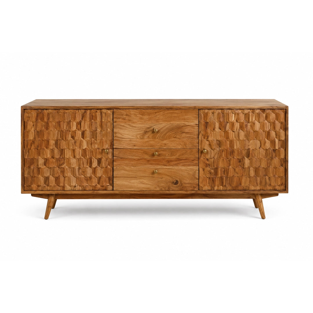 Wooden sideboard with geometric pattern on a white background