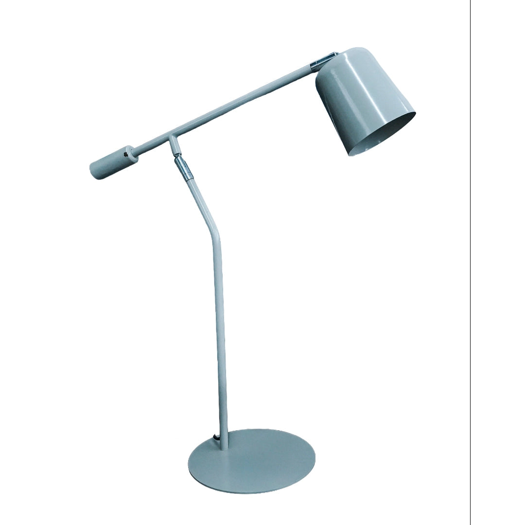 Gray desk lamp with adjustable arm on a white background