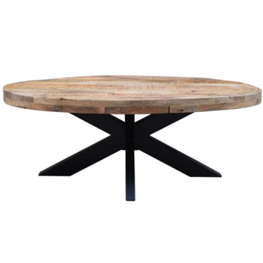 Round wooden table with black metal legs on a white background