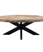 Round wooden table with black metal legs on a white background