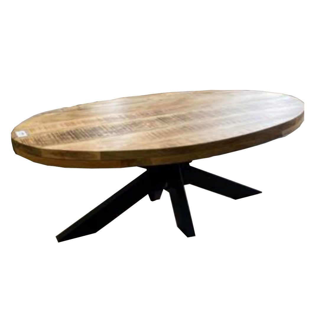 Wooden table with black metal legs on a white background