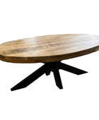 Wooden table with black metal legs on a white background