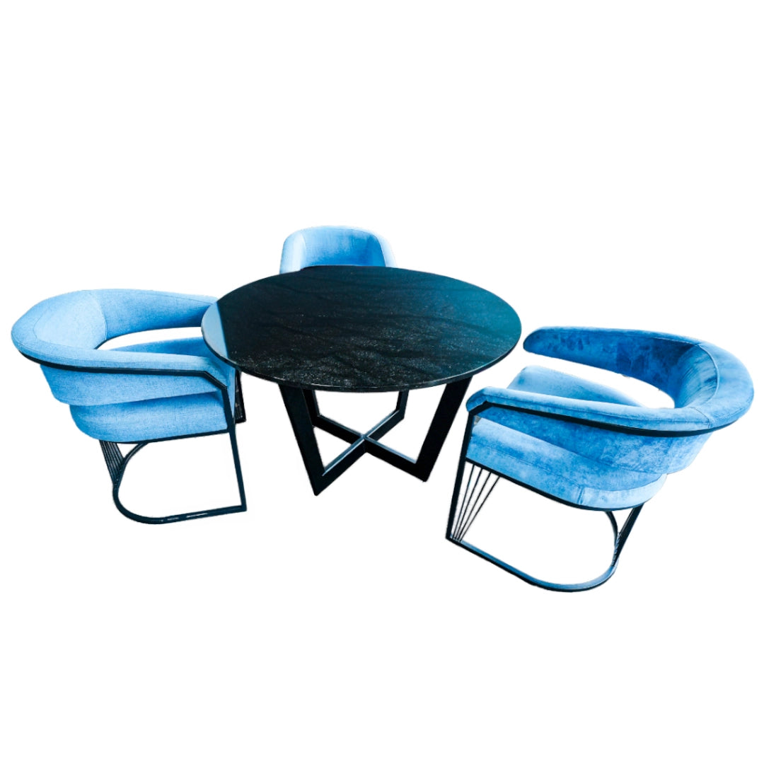 Modern blue chairs and black table on a white background