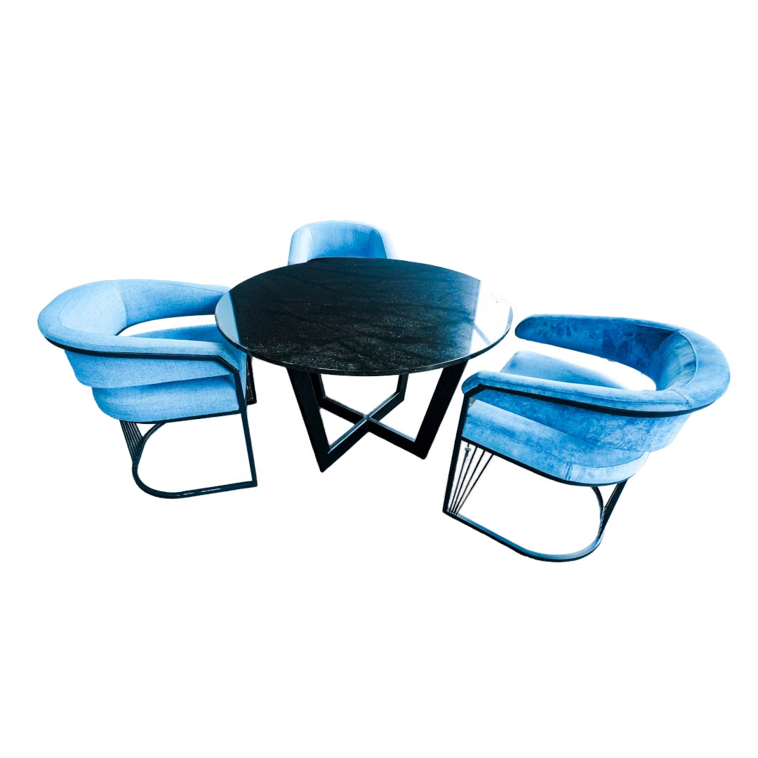 Modern blue chairs and black table on a white background