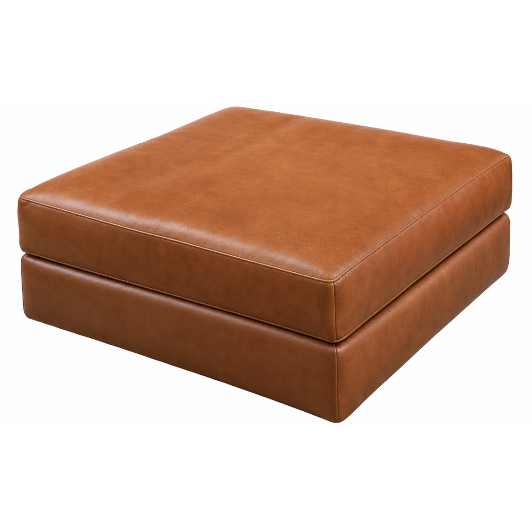 A Brown leather ottoman on a white background