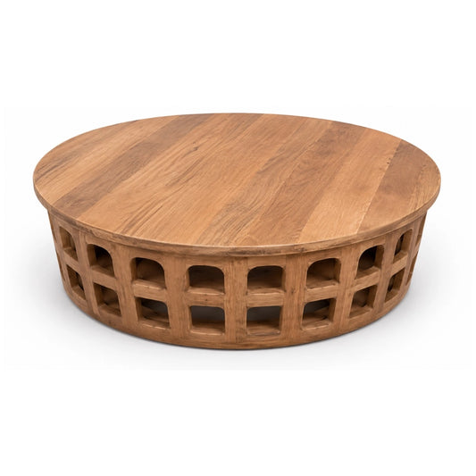 A wooden coffee table on a white background