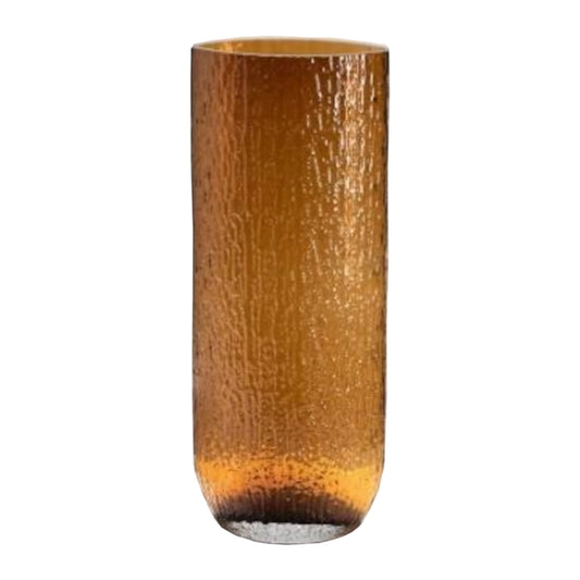 Tall cylindrical vase with a textured brown surface on a white background