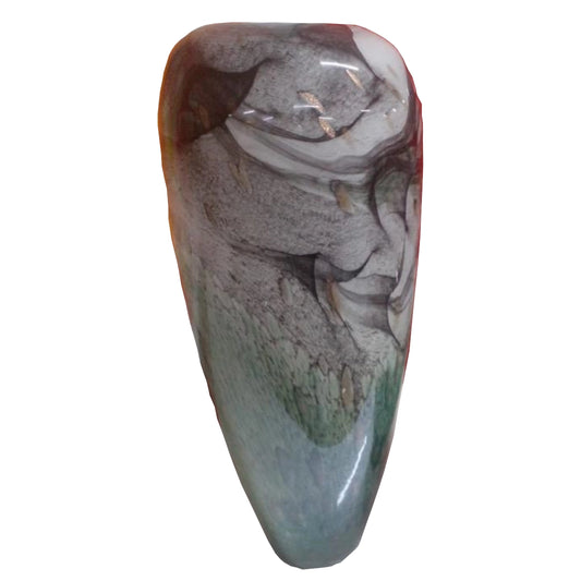 A Large Glass Vase in a grey, and green colours on a white background