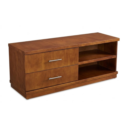 A wooden TV stand on a white background