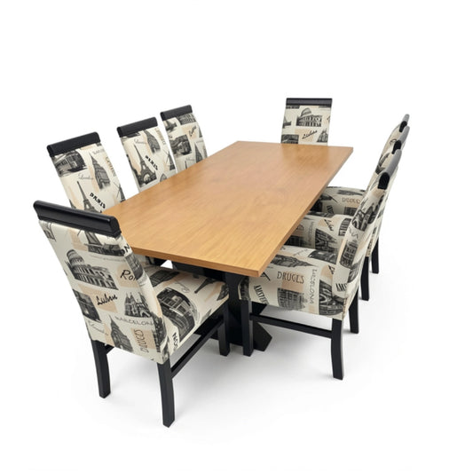 A set of dining chairs and a dining table on a white background