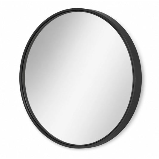 A round mirror with a black steel frame on a white background