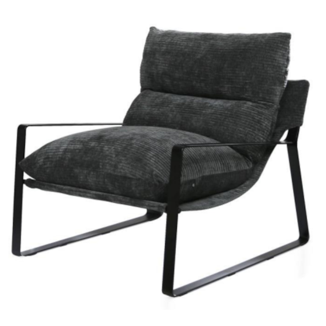 Dark gray cushioned chair with black metal frame on a white background