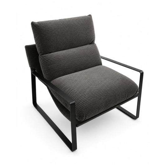 A beige armchair on a metallic stand on a white background