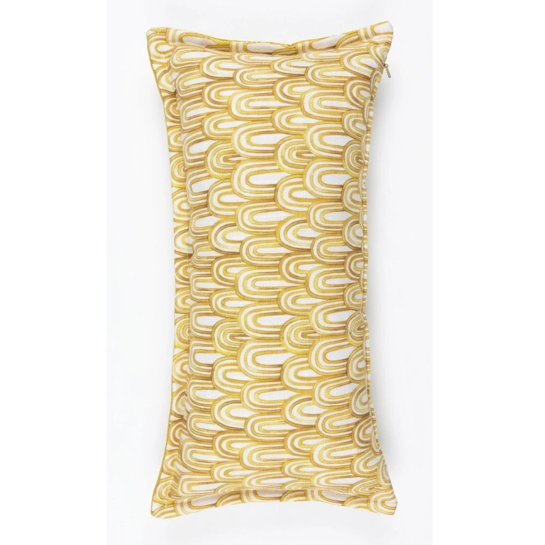 A White and gold scatter cushion on a white background