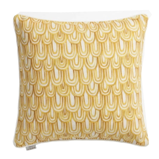 A yellow and white scatter cushion on a white background