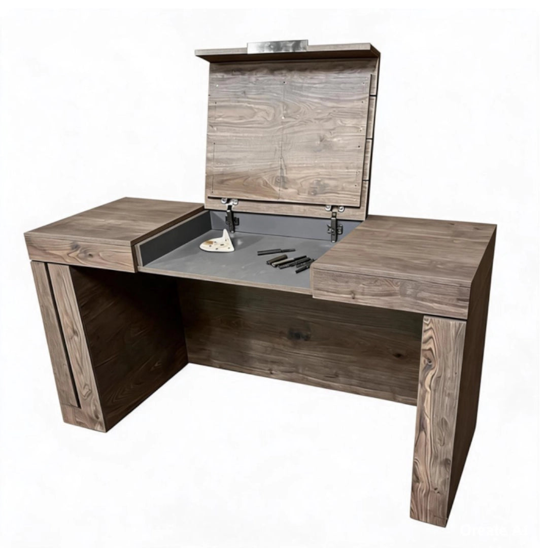 A wooden vanity on a white background